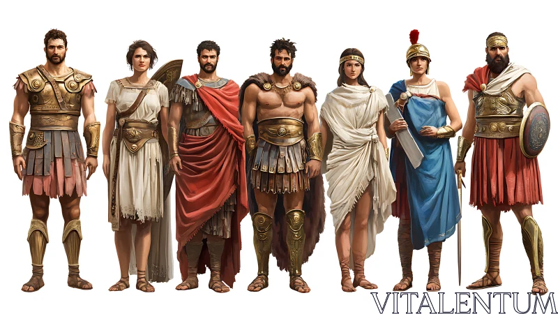 Group of ancient Greek warriors and nobles in full attire.