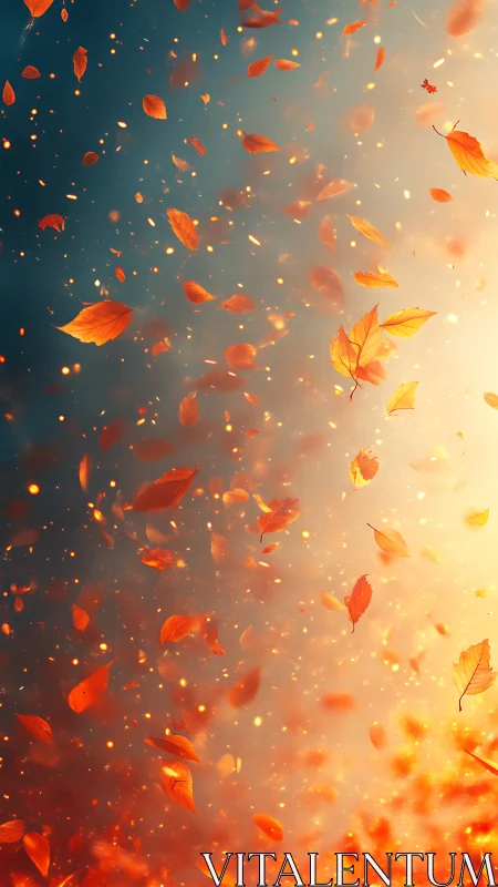 Luminous autumn leaves scatter through atmospheric gradient with particle effects.