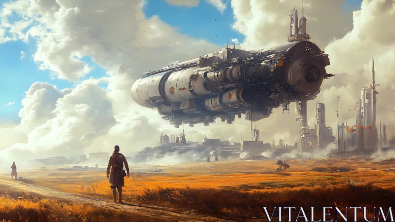 Massive starship descends over windswept frontier plain.