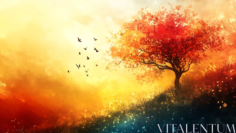 Autumn tree crowns hill under radiant golden sunset sky