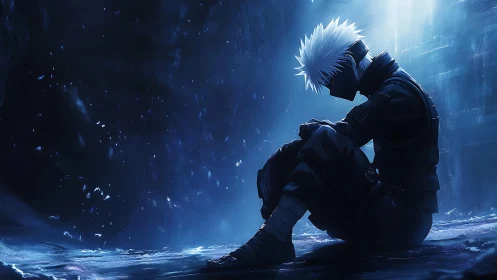 Lone masked warrior broods in icy blue cavern nightfall.