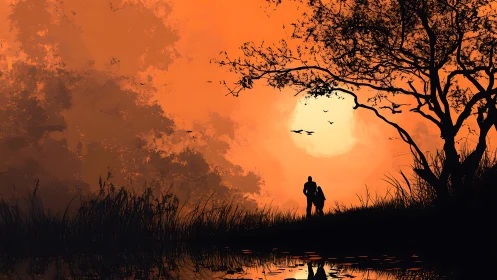 Silhouetted couple by lakeside under blazing orange sunset.
