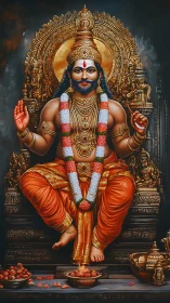 Hindu deity seated on ornate golden throne with offerings.