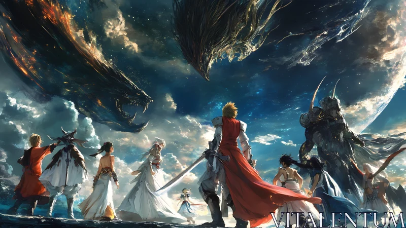 Celestial heroes confronting void-serpent titans at horizon.