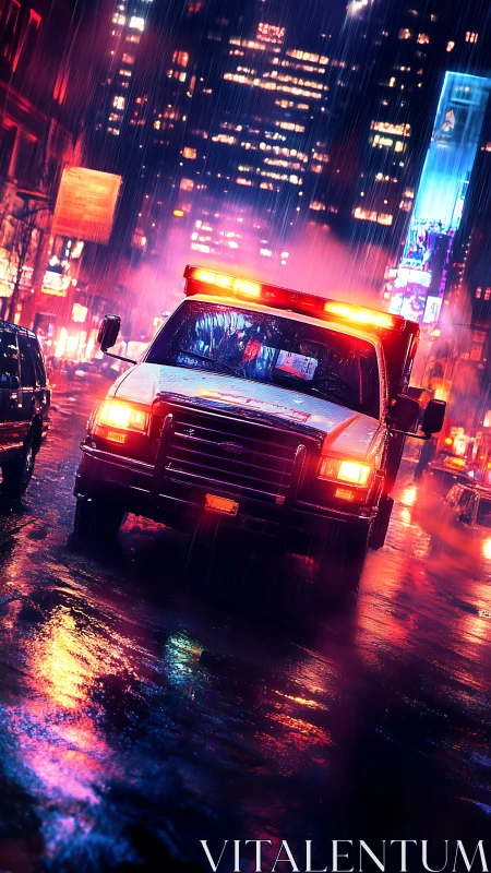 Emergency ambulance drives through wet neon city street