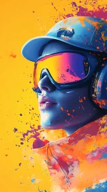 Chromatic ski visor portrait with splatter gradients on yellow