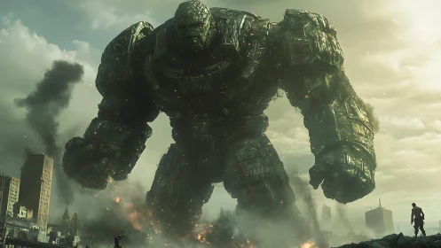Colossal mech titan strides through a burning ruined cityscape.