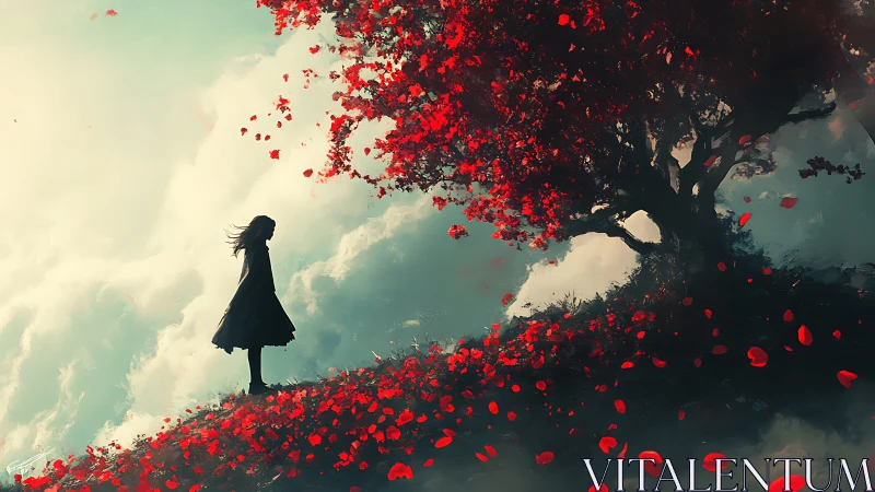 Digital painting of a lone figure beneath a crimson blossom tree.