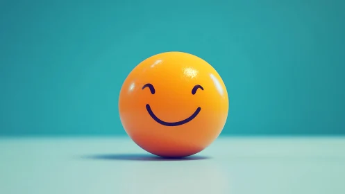 Smiling orange sphere glows against clean teal backdrop.