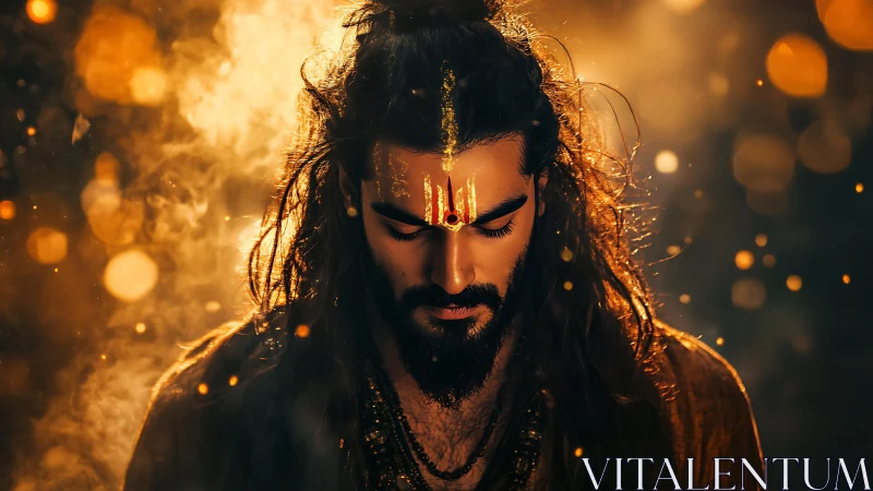 Golden meditative mystic bathed in swirling sacred light.