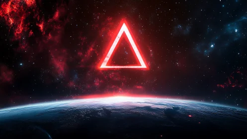 Luminous red triangular portal suspended above planetary horizon.