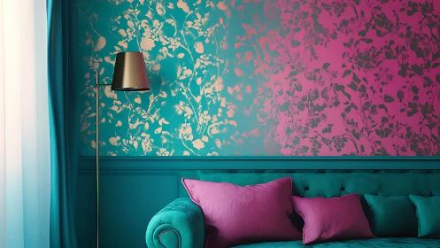 Teal velvet sofa with magenta accent wall and metallic floor lamp
