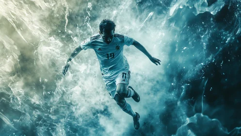 Dynamic soccer player charges through swirling teal energy