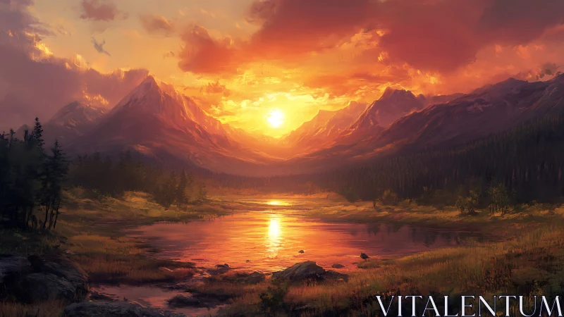 High alpine valley lake under dramatic incandescent sunset sky.