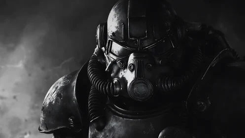 Stormlit power armor sentinel in high-contrast profile.