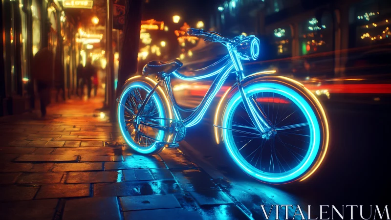 Cyan and amber neon-illuminated fixed-gear bicycle on nocturnal urban street