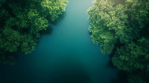Sunlit forest banks embracing a calm emerald river bend.