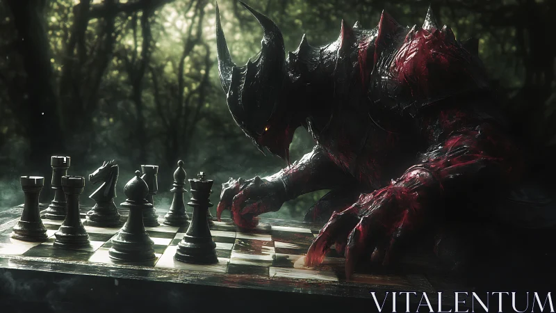 Demon strategist quietly studies a forest chessboard duel.