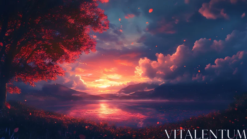 Ember sky over tranquil lake at the hush of sundown.