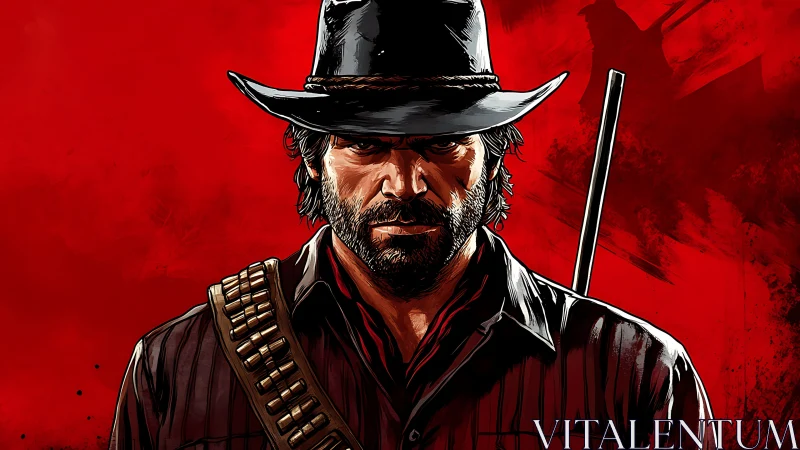 Gritty outlaw portrait with red monochrome western backdrop.