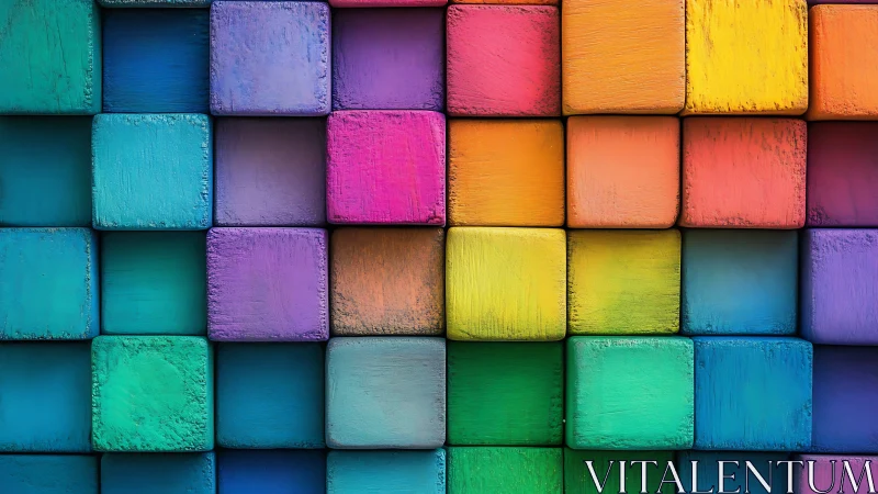 Chromatic relief grid of textured wooden cubes in full spectrum