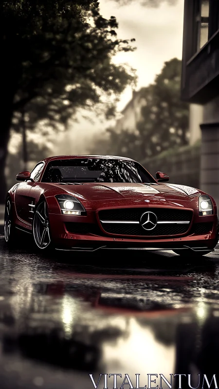 Red Mercedes sports coupe parked on wet reflective street