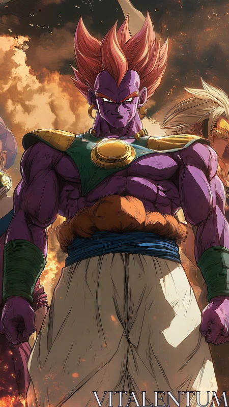 Purple muscular warrior stands in flames with allies behind