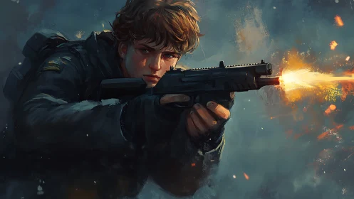 Storm-eyed marksman ignites the dusk with blazing recoil.