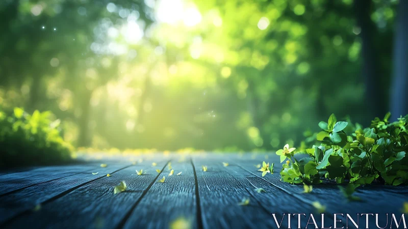 Sunlit wooden deck in lush green forest, soft focus nature art.