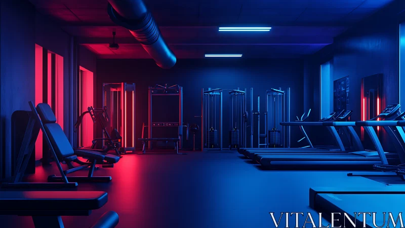 Neon lit commercial gym interior with treadmills and cable rigs