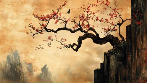 Elegant cherry blossom branch over misty cliffs in Asian ink style.