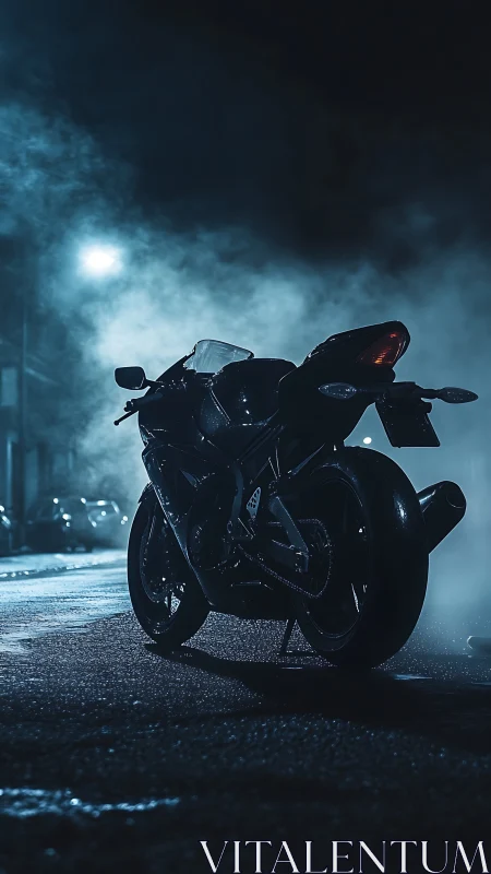 Sport motorcycle parked on wet night street in fog.