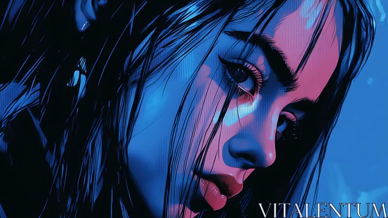 Neon-lit portrait captures intense gaze in electric blue