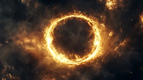 Luminous Fire Ring. Intense golden plasma erupts through cosmic darkness.