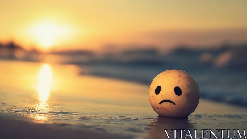 Sad face sphere on wet shoreline at soft sunset light.
