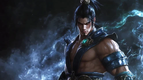 Arcane warrior in blue armor emerges from swirling ethereal mist