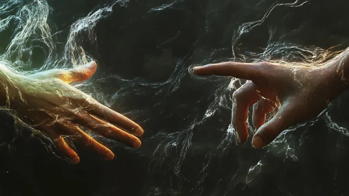 Liquid light hands reach through cosmic shadowed waters.