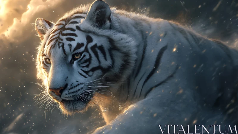 White tiger charges through mist with ember sparks.