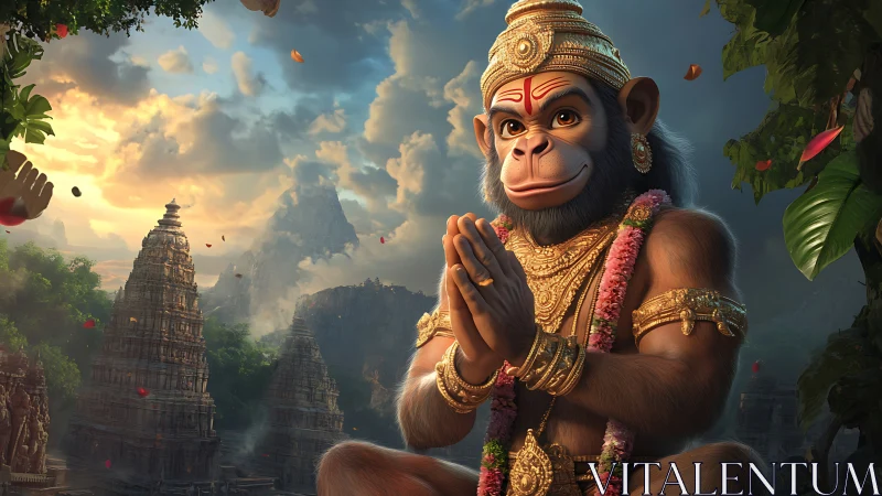 Devotional monkey deity poised before ancient temples.