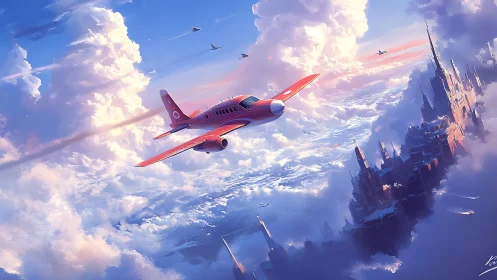 Digital painting of crimson aircraft over cloud citadel skyline.