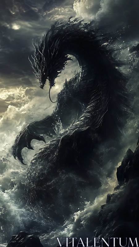 Dark sea dragon rising amid storm clouds and waves.