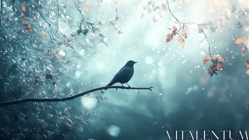 Solitary Bird on Frosted Branch in Winter Light