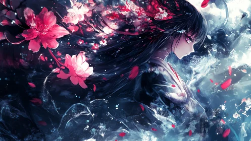 Whispering blossom sorceress adrift in swirling midnight petals.