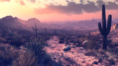 Digital desert vista with saguaro silhouettes at sunset.
