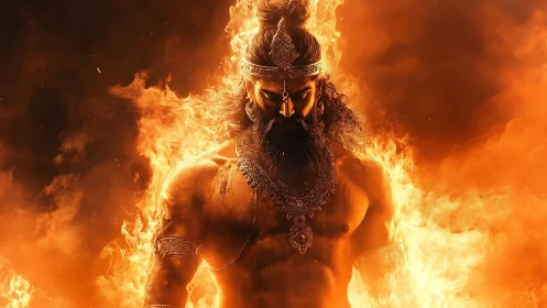 Fire-crowned warrior ascends through roaring sacred flames.