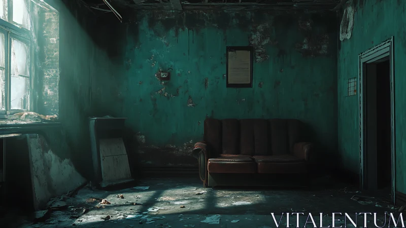 Abandoned interior with worn sofa and decayed turquoise walls.