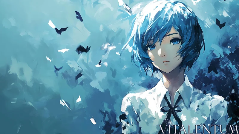 Melancholic blue haired girl stands amid abstract butterflies