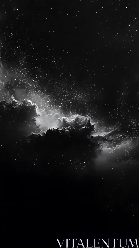 Starlit cosmic clouds drift through a deep black void