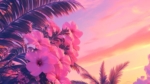 Soft tropical hibiscus blooms glow in a dreamy sunset sky