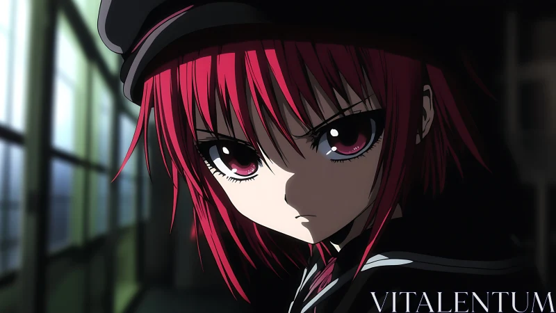 Crimson‑haired anime rebel glares through shadowed hallway.